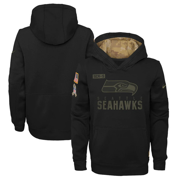 Youth Seattle Seahawks Black NFL 2020 Salute To Service Sideline Performance Pullover Hoodie